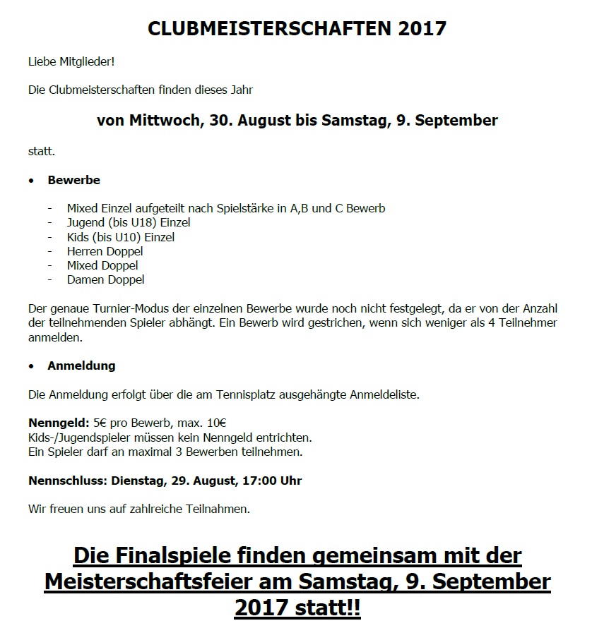 Ausschreibung Clubmeisterschaften 2017